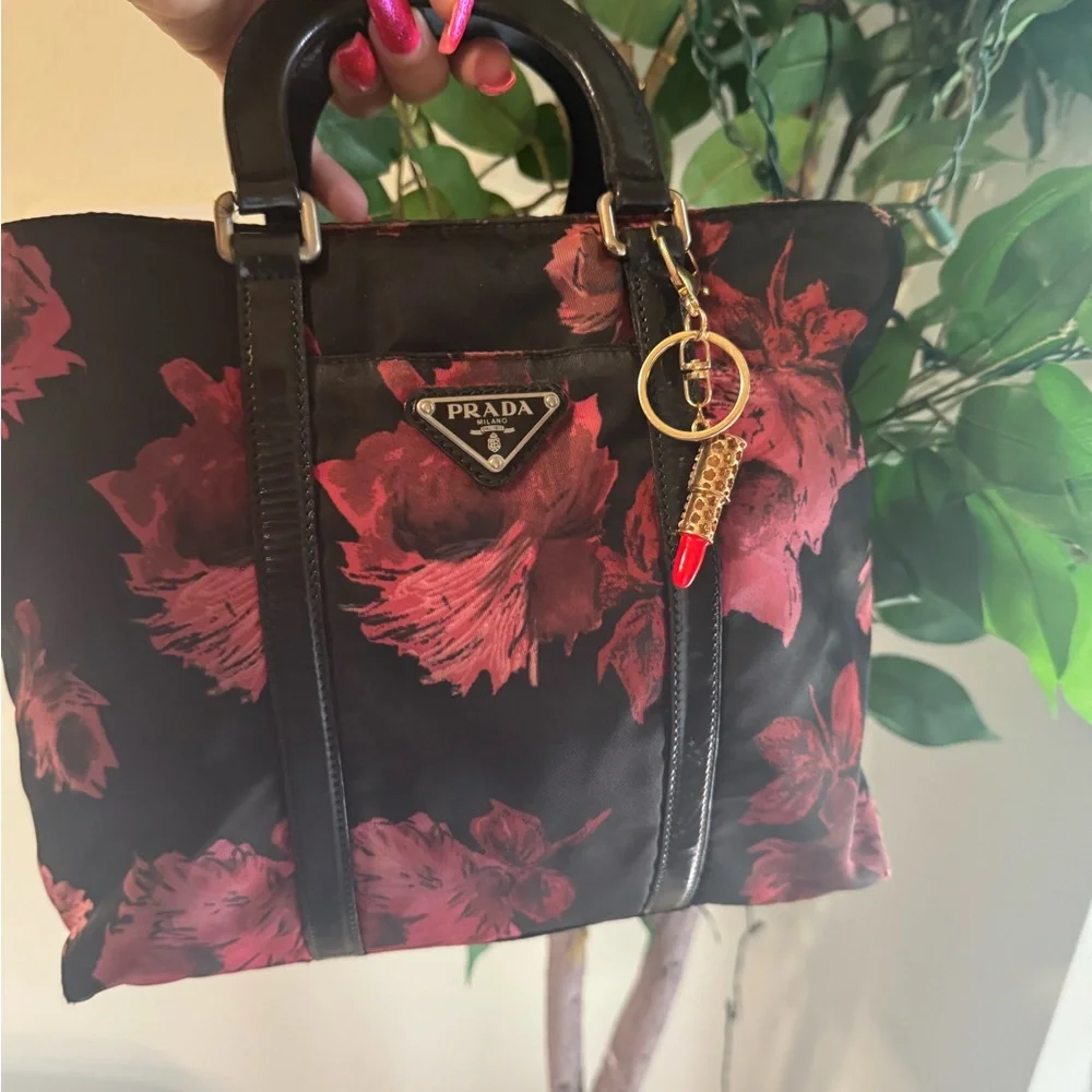Prada Tessuto Nylon Rose Shop Shoulder Bag Rosso W/ COA